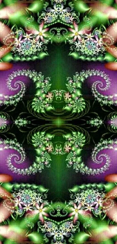 Vibrant floral fractal wallpaper in green and purple hues with intricate designs.