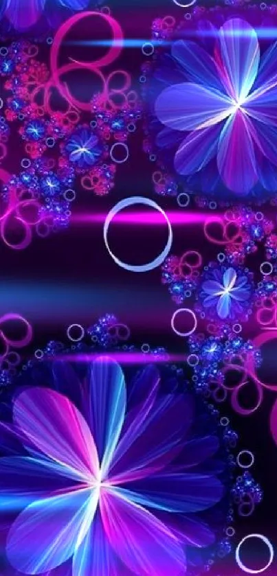 Vibrant floral fractal wallpaper in blue and pink hues.