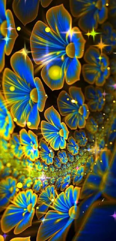 Vibrant blue and gold floral fractal phone wallpaper.
