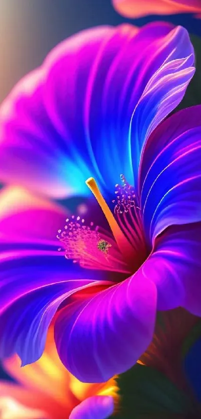 Mobile wallpaper of vivid purple and blue flowers with a warm glow.