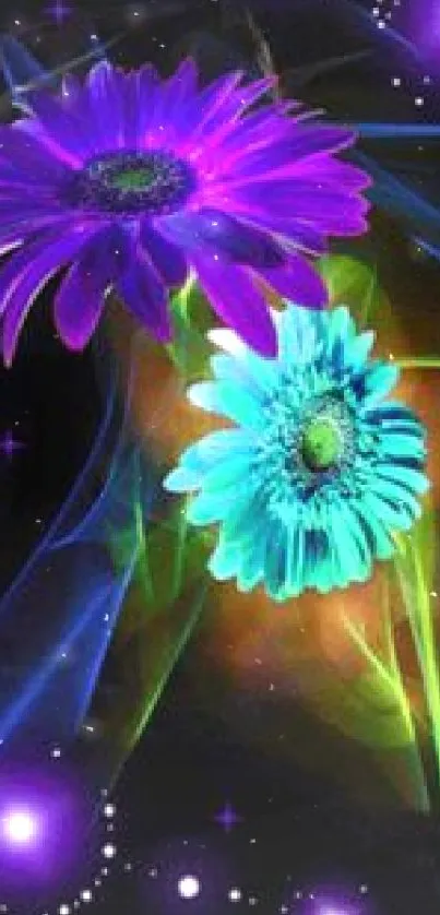 Vibrant neon flowers against a cosmic galaxy background with bright purple hues.