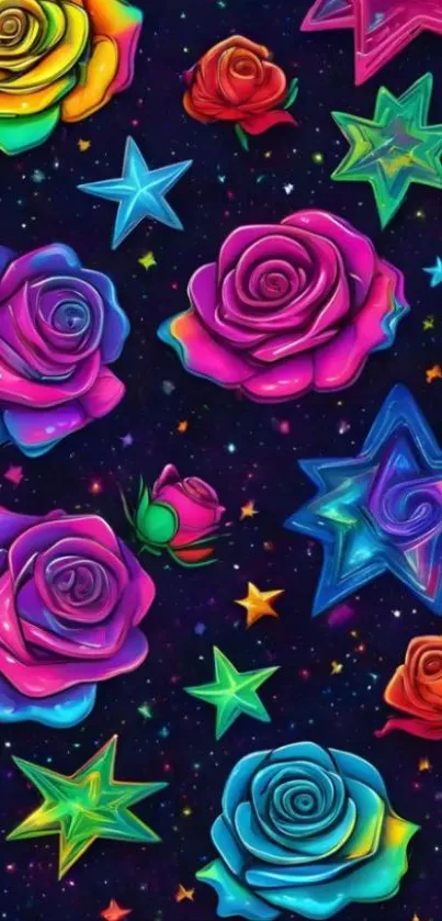Colorful roses and stars on a cosmic background.