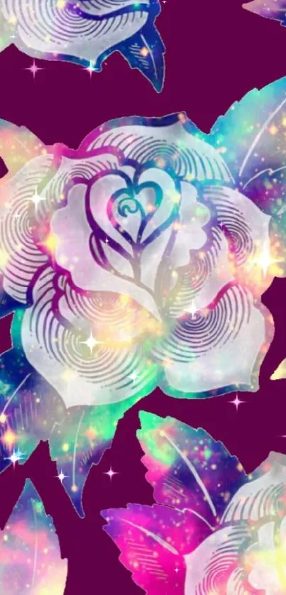 Vibrant floral galaxy wallpaper with glowing roses and colorful leaves.