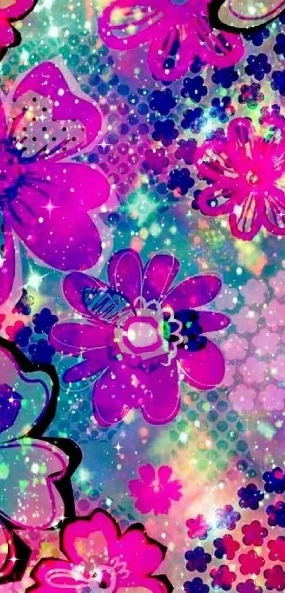 Vibrant floral galaxy mobile wallpaper in bold colors.