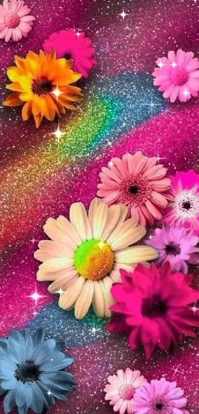 Vibrant floral galaxy wallpaper with colorful flowers on a cosmic background.