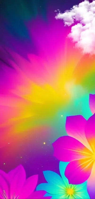 Vibrant floral galaxy wallpaper with neon colors and glowing flowers.