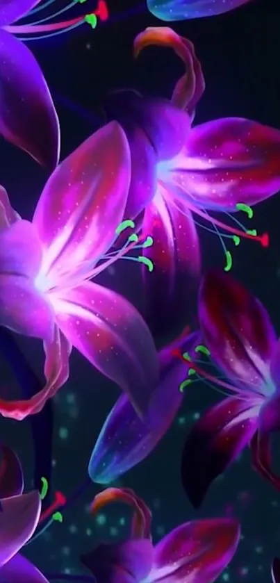 Purple neon flowers create a vibrant galaxy-themed wallpaper.