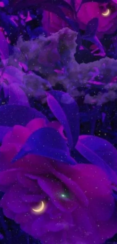 Mystical purple flower with celestial elements on a galaxy-themed wallpaper.