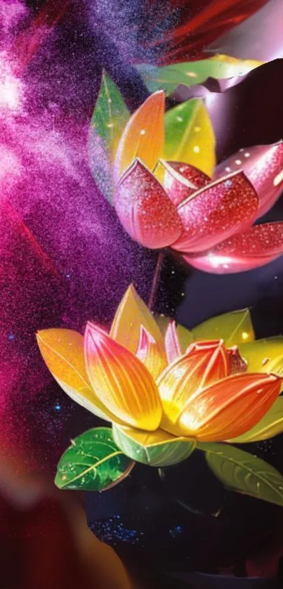 Vibrant floral wallpaper with cosmic elements and colorful lotus flowers.