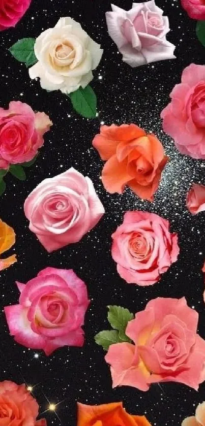 Vibrant roses on a starry black background creating a cosmic floral wallpaper.