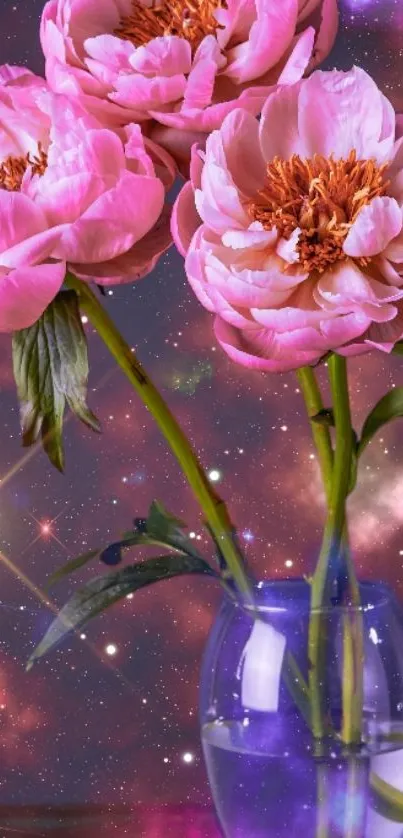 Pink peonies in a cosmic starry background vase.