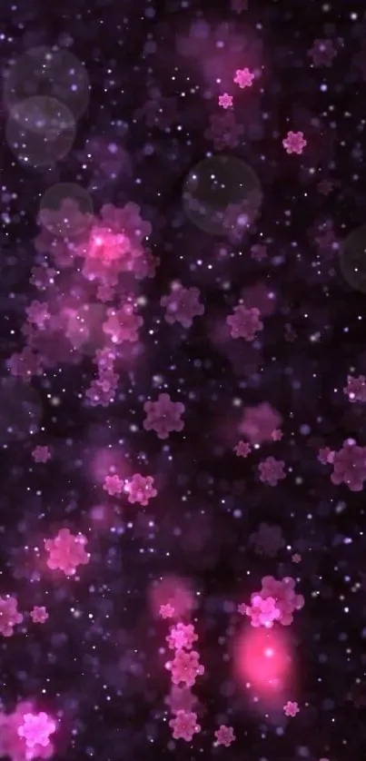 Dark purple galaxy wallpaper with pink flowers and stars.