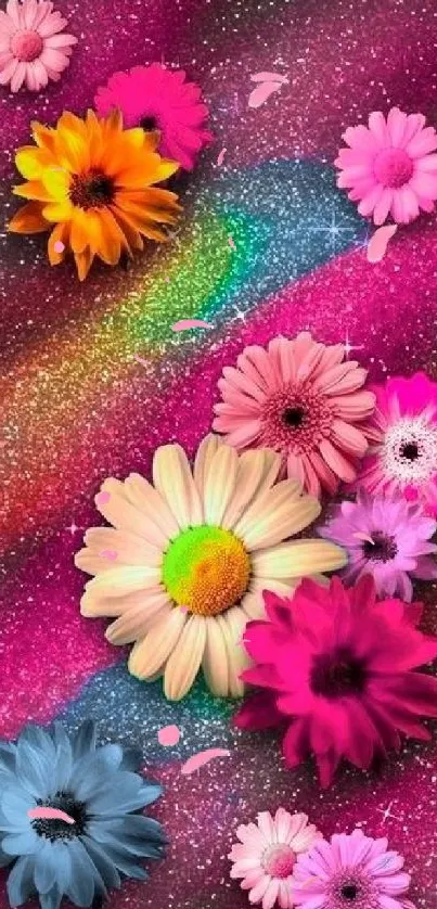 Vibrant mobile wallpaper with colorful flowers and a starry galaxy background.