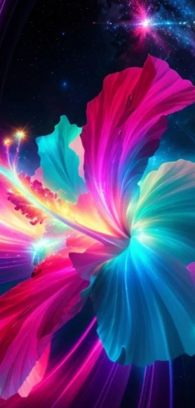 Vibrant floral galaxy wallpaper with neon colors and cosmic backdrop