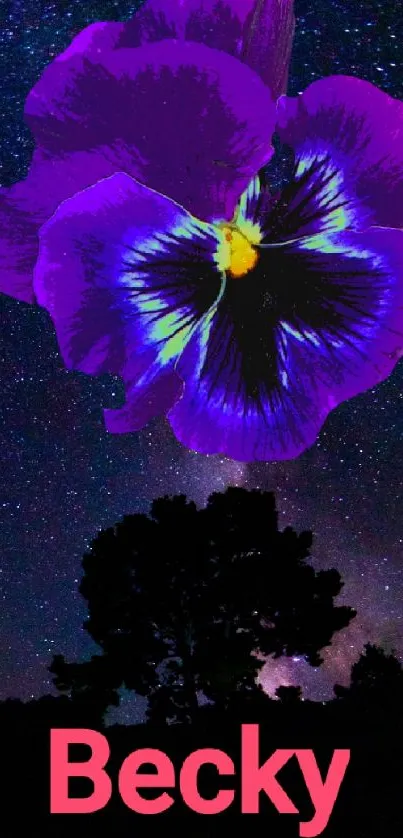 Purple flower on galaxy night sky wallpaper featuring vibrant colors.