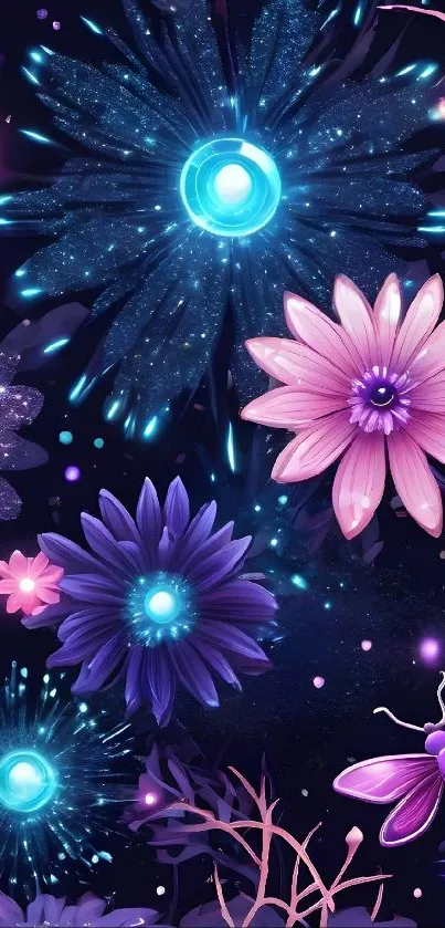 Vibrant neon floral galaxy wallpaper with cosmic elements.