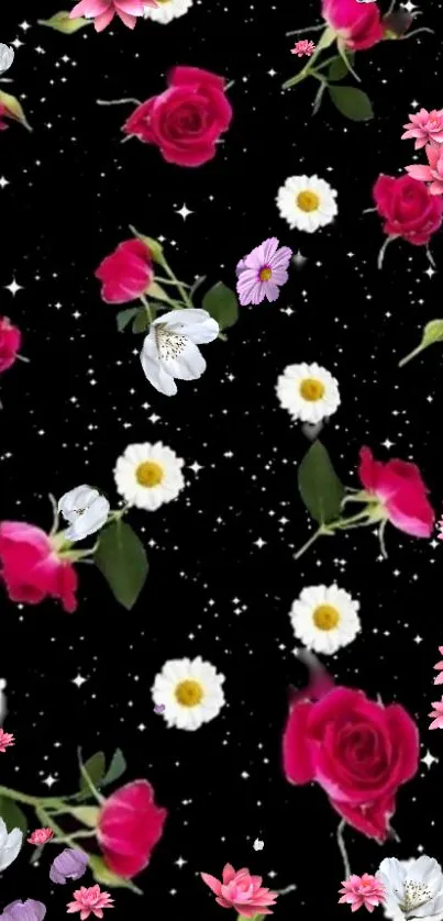 Vibrant floral wallpaper with stars.