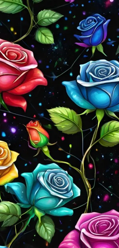 Colorful roses on a black galaxy background wallpaper.