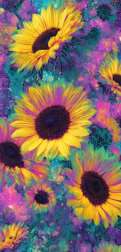 Vibrant sunflowers against a cosmic purple background.