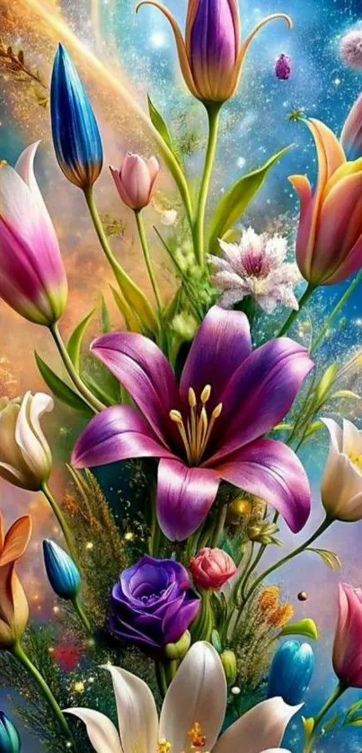 Vibrant flowers against a cosmic background.