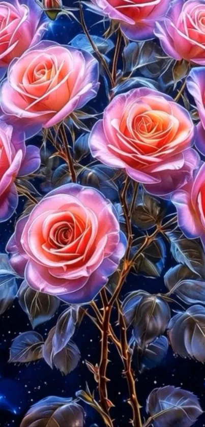 Vibrant roses against a starry night sky wallpaper.