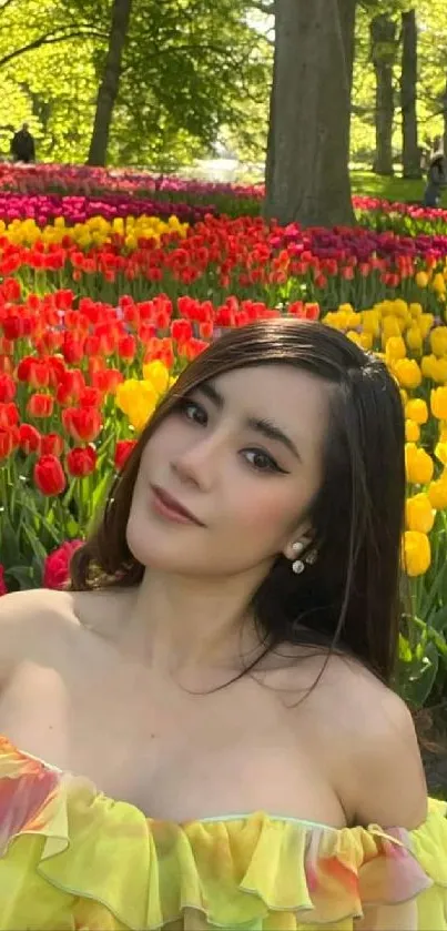 A vibrant garden with colorful tulips in full bloom under the trees.