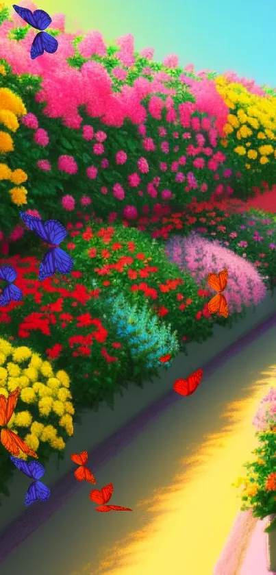 Colorful garden pathway with vibrant blooms.