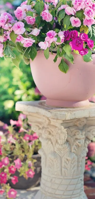 Floral garden wallpaper with pink pot and blossoms on stone pedestal.