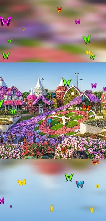 Vibrant garden with flowers and butterflies.