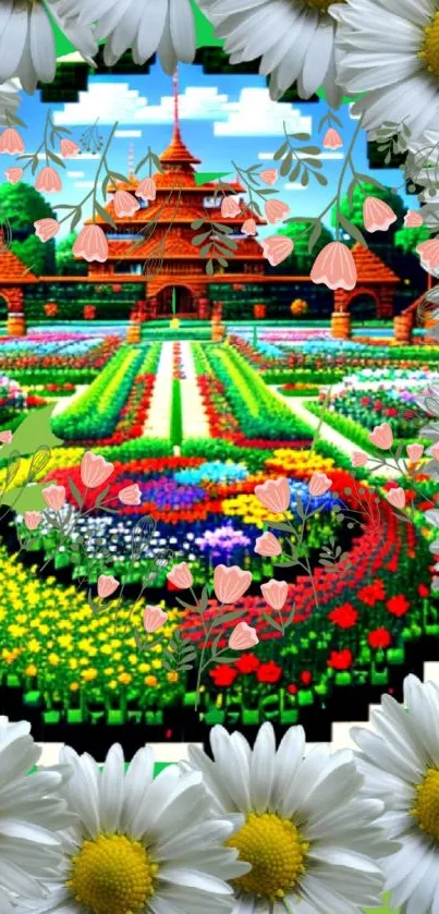 Colorful garden wallpaper with vibrant flowers and intricate design.