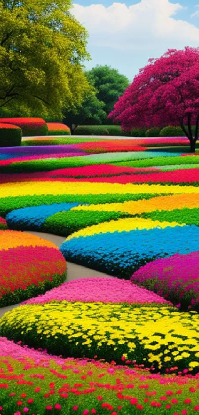 Vibrant garden landscape with colorful flowers.