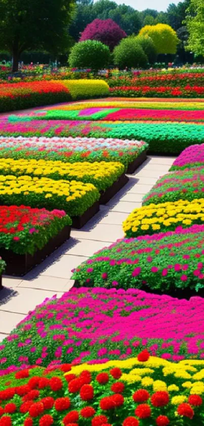 Vivid rows of colorful flowers in a lush garden setting.