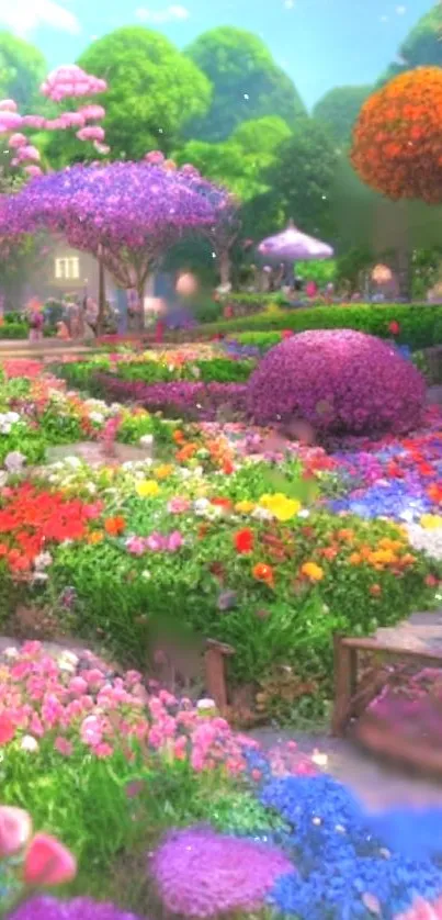 Vibrant garden with colorful flowers and lush greenery, perfect for a serene setting.