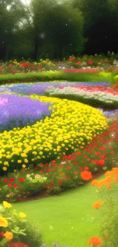 Vibrant garden full of blooming flowers in multiple colors forming a captivating pattern.