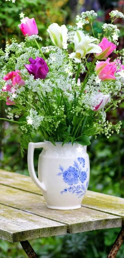 Vibrant flowers in a rustic vase in a lush garden setting.