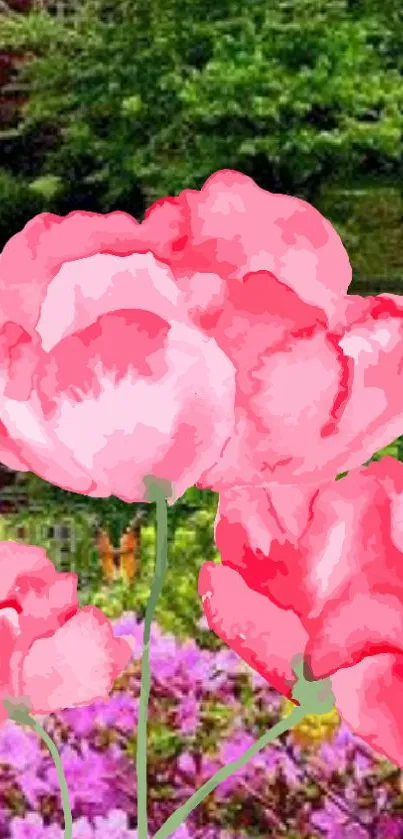 Vibrant garden with pink flowers and greenery.