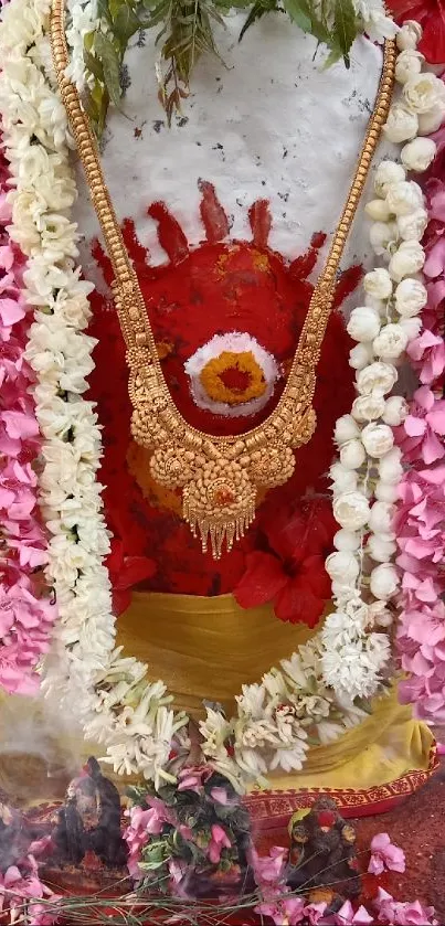 Vibrant floral garland with gold necklace and pink petals.