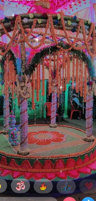 Vibrant Indian floral gazebo with colorful garlands.