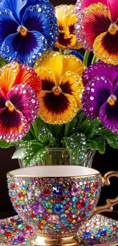 Vibrant wallpaper of jeweled flowers and teacup.