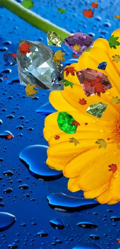 Yellow flower with gems on a blue background.