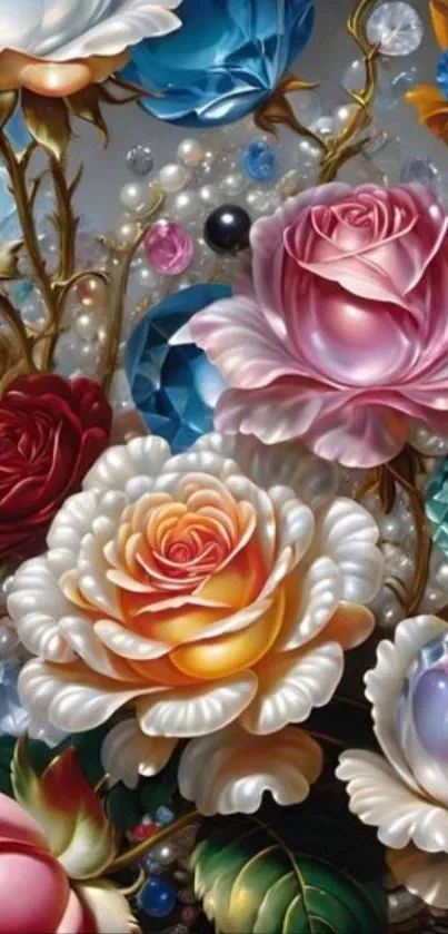 Vibrant floral wallpaper with colorful roses and gems.