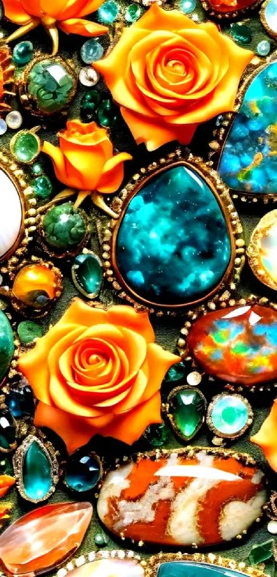 Vibrant orange roses with colorful gemstones wallpaper.