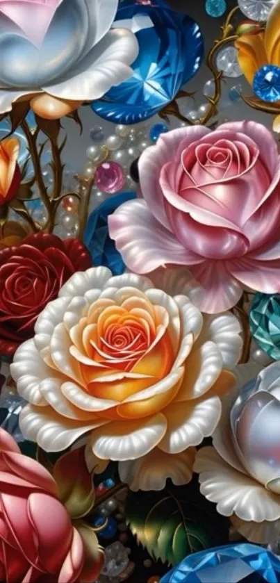 Colorful roses and gems create a decorative mobile phone wallpaper.