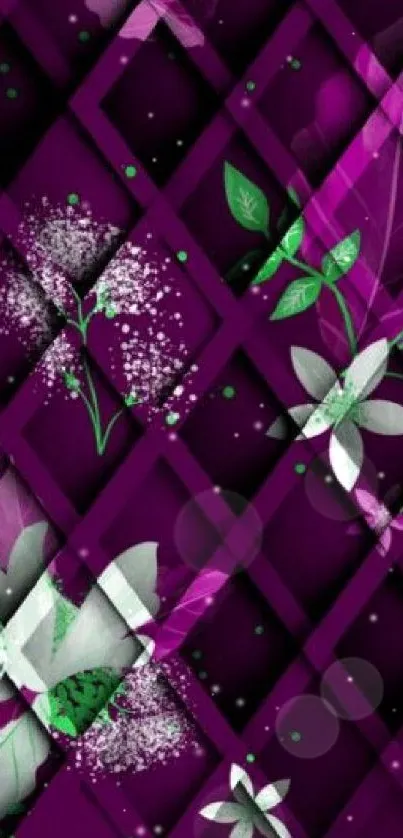 Purple floral geometric wallpaper with green accents.