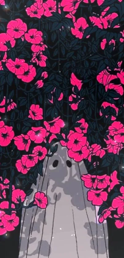 Vibrant ghost with pink flowers creating a spooky floral art design.