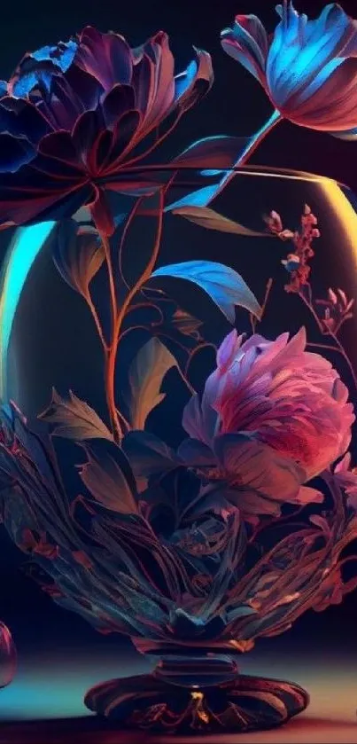 Elegant glass bowl with vibrant glowing flowers and leaves.