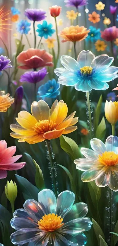 Colorful floral glass-like texture wallpaper with vibrant flowers.