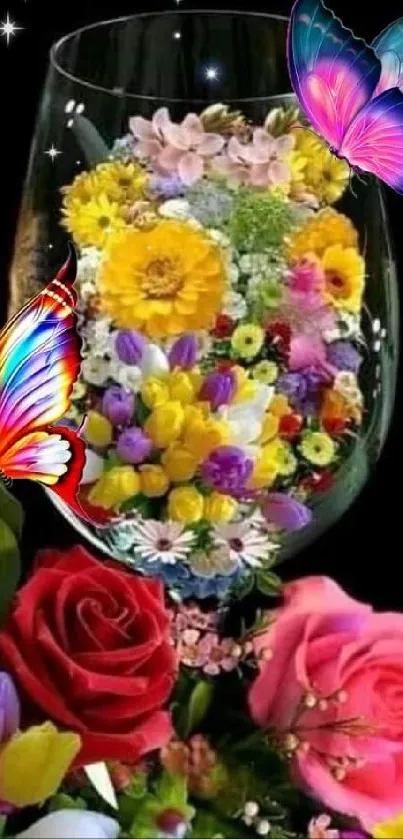 Glass with flowers and butterflies wallpaper, vibrant colors.