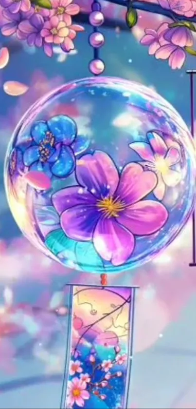 Glass orb with purple and pink flowers, set in a dreamy background.