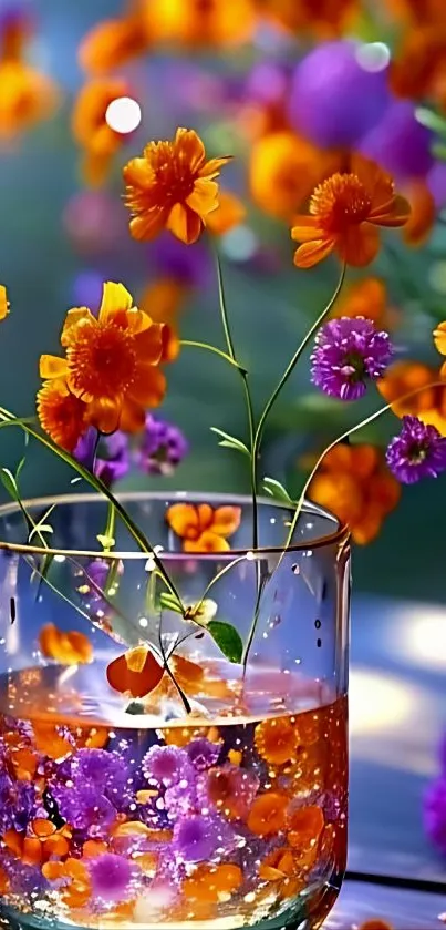 Orange and purple flowers in a glass vase with vibrant background.